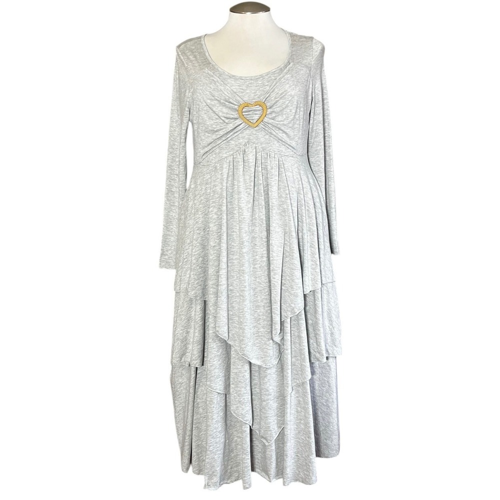 NORACORA Women's Grey Jersey Long Sleeve Tiered Ruffle Maxi Dress Heart ‎ XL